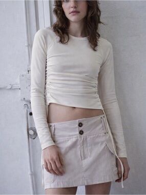 NWT Zara White Side-Ruched Long Sleeve Crop Top